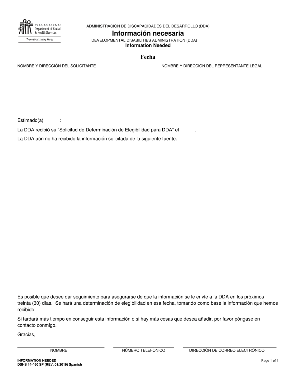DSHS Formulario 14-460 Informacion Necesaria - Washington (Spanish), Page 1