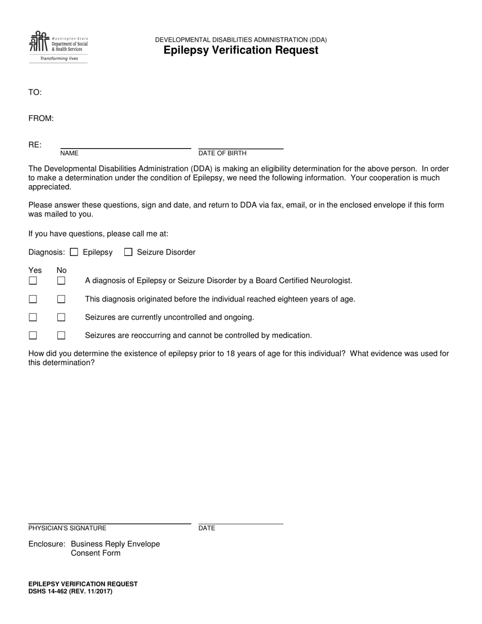 DSHS Form 14-462 Epilepsy Verification Request - Washington, Page 1