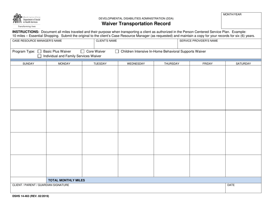 DSHS Form 14-463 Waiver Transportation Record (Dda) - Washington, Page 1