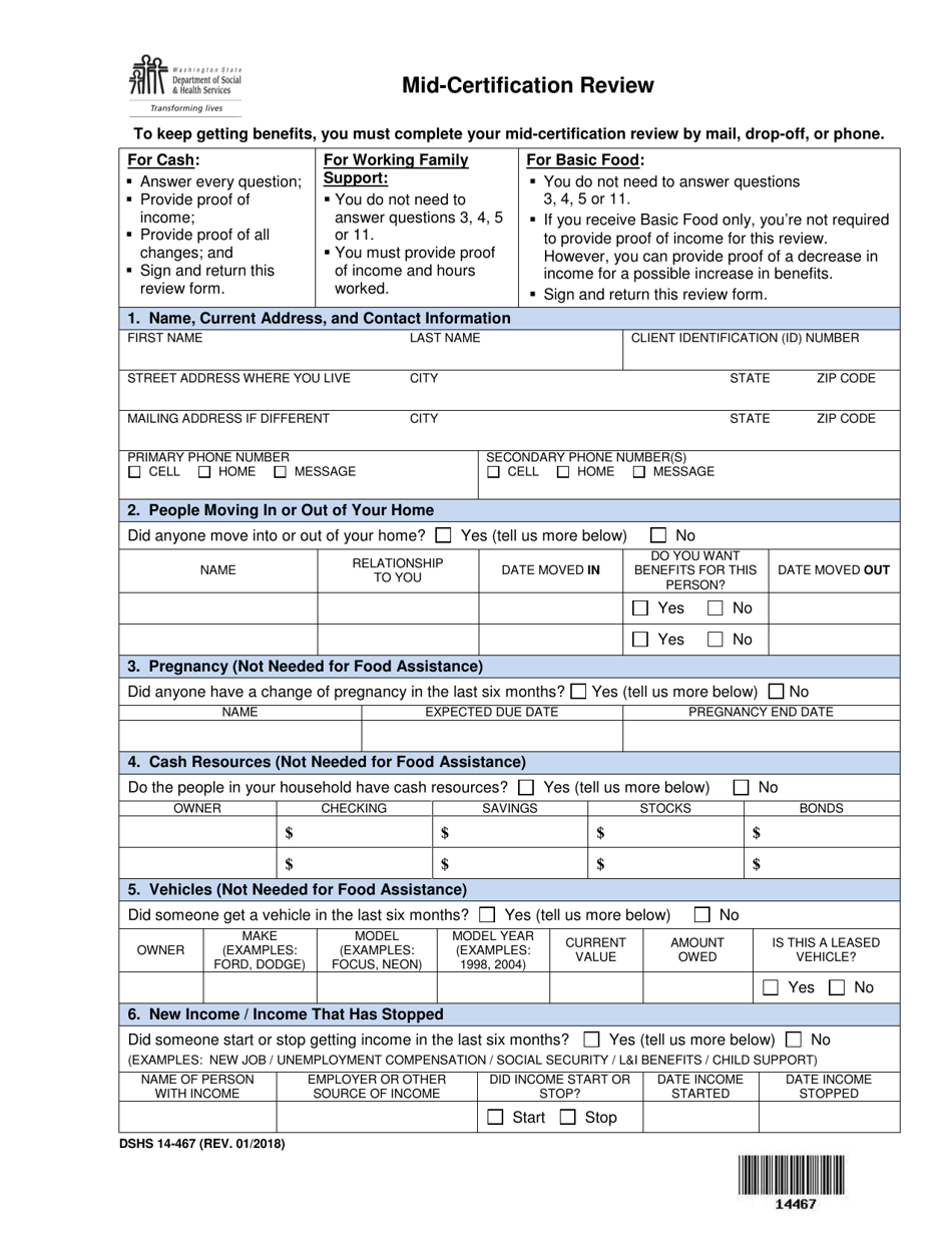 DSHS Form 14-467 Mid-certification Review - Washington, Page 1