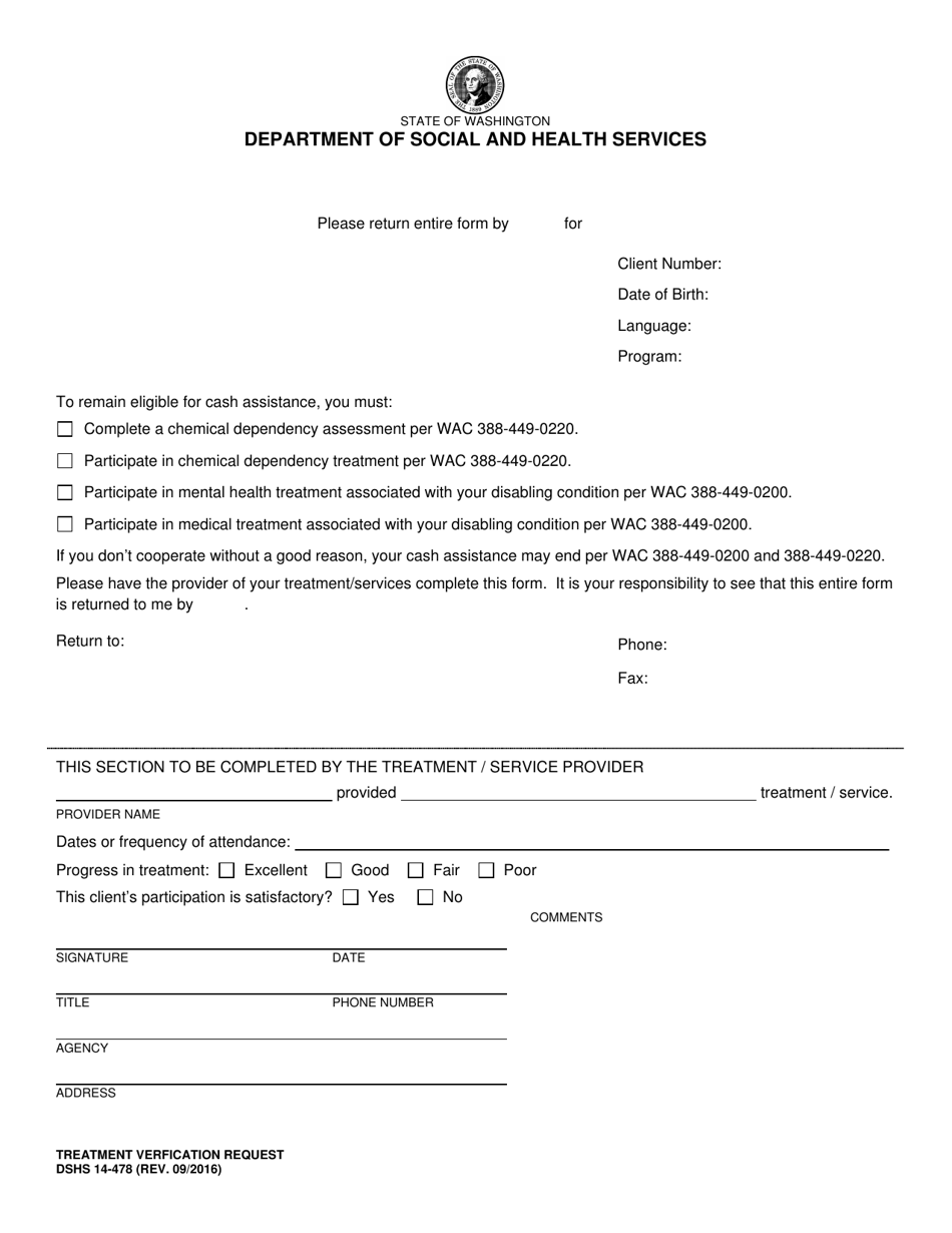 DSHS Form 14-478 Treatment Verfication Request - Washington, Page 1
