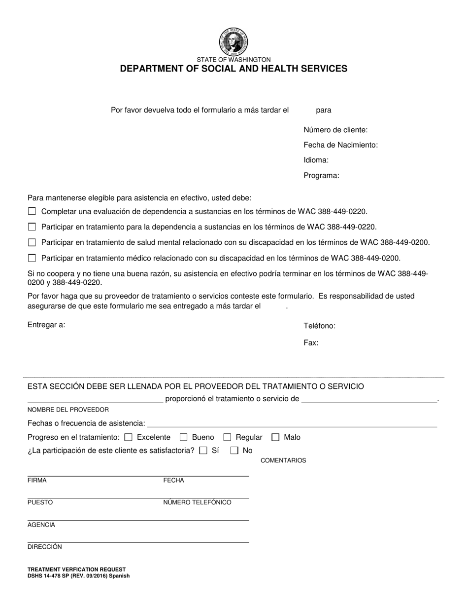 DSHS Formulario 14-478 Treatment Verfication Request - Washington (Spanish), Page 1