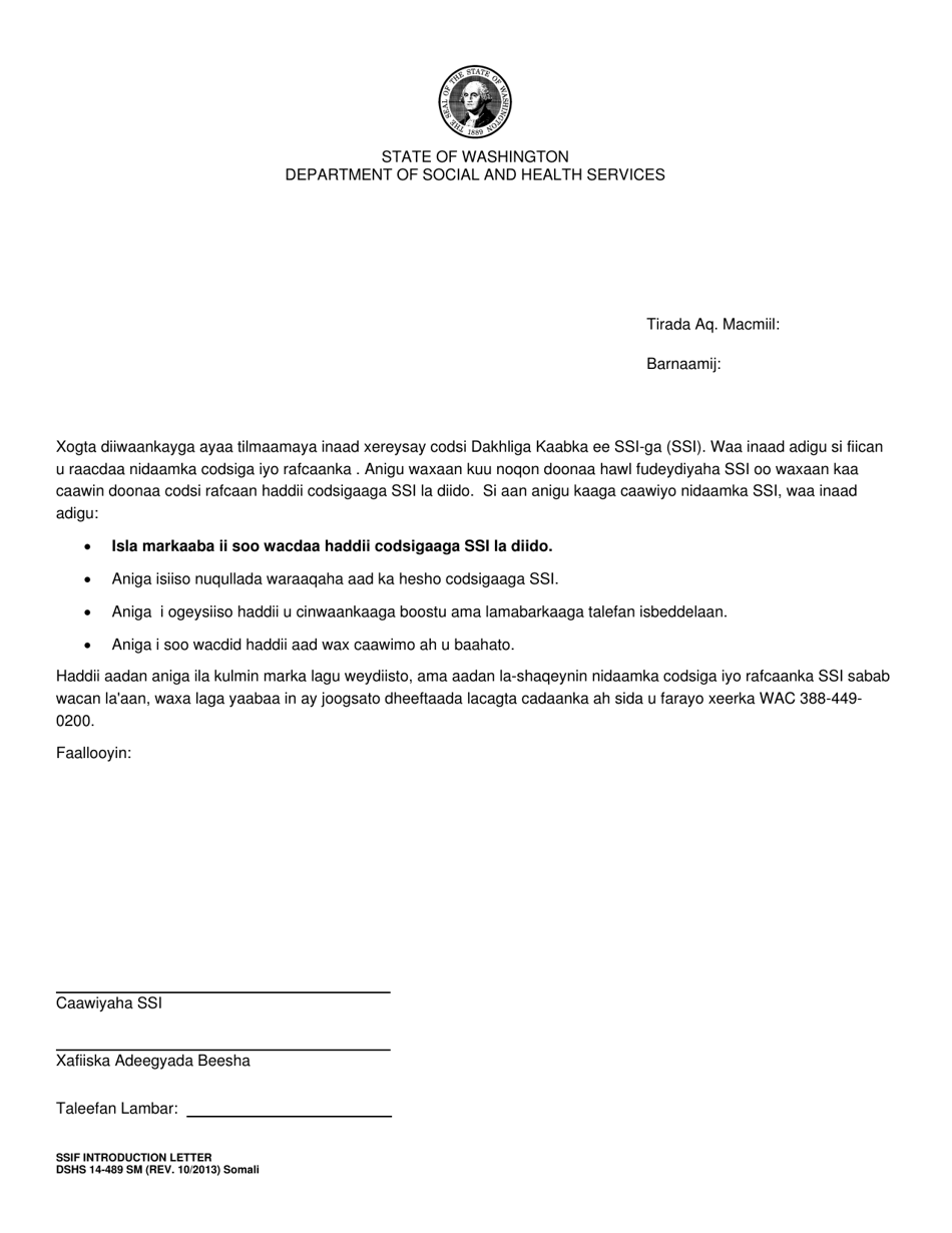 DSHS Form 14-489 Ssif Introduction Letter - Washington (Somali), Page 1