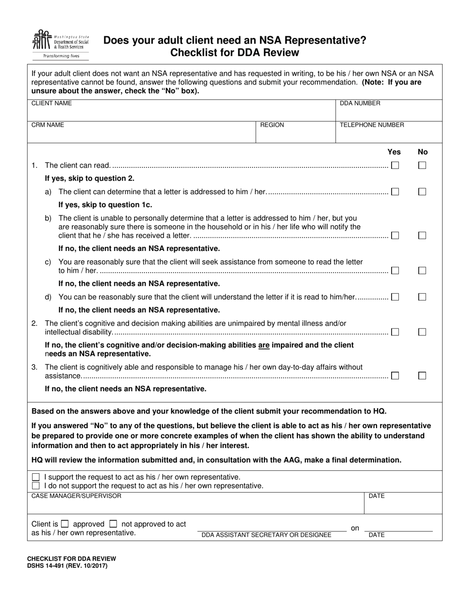 DSHS Form 14-491 Checklist for Dda Review - Washington, Page 1