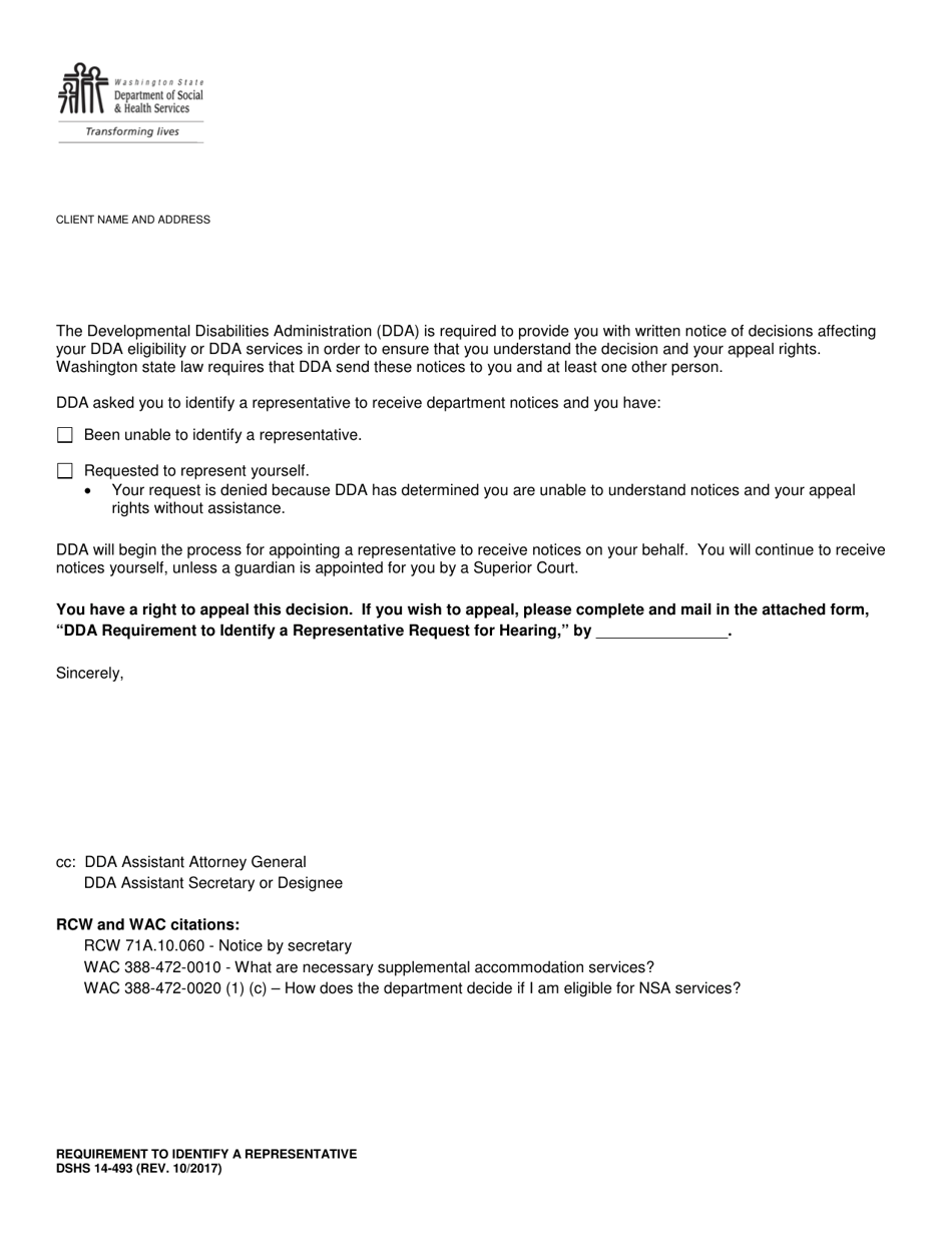DSHS Form 14-493 Requirement to Identify a Representative (Developmental Disabilities Administration) - Washington, Page 1