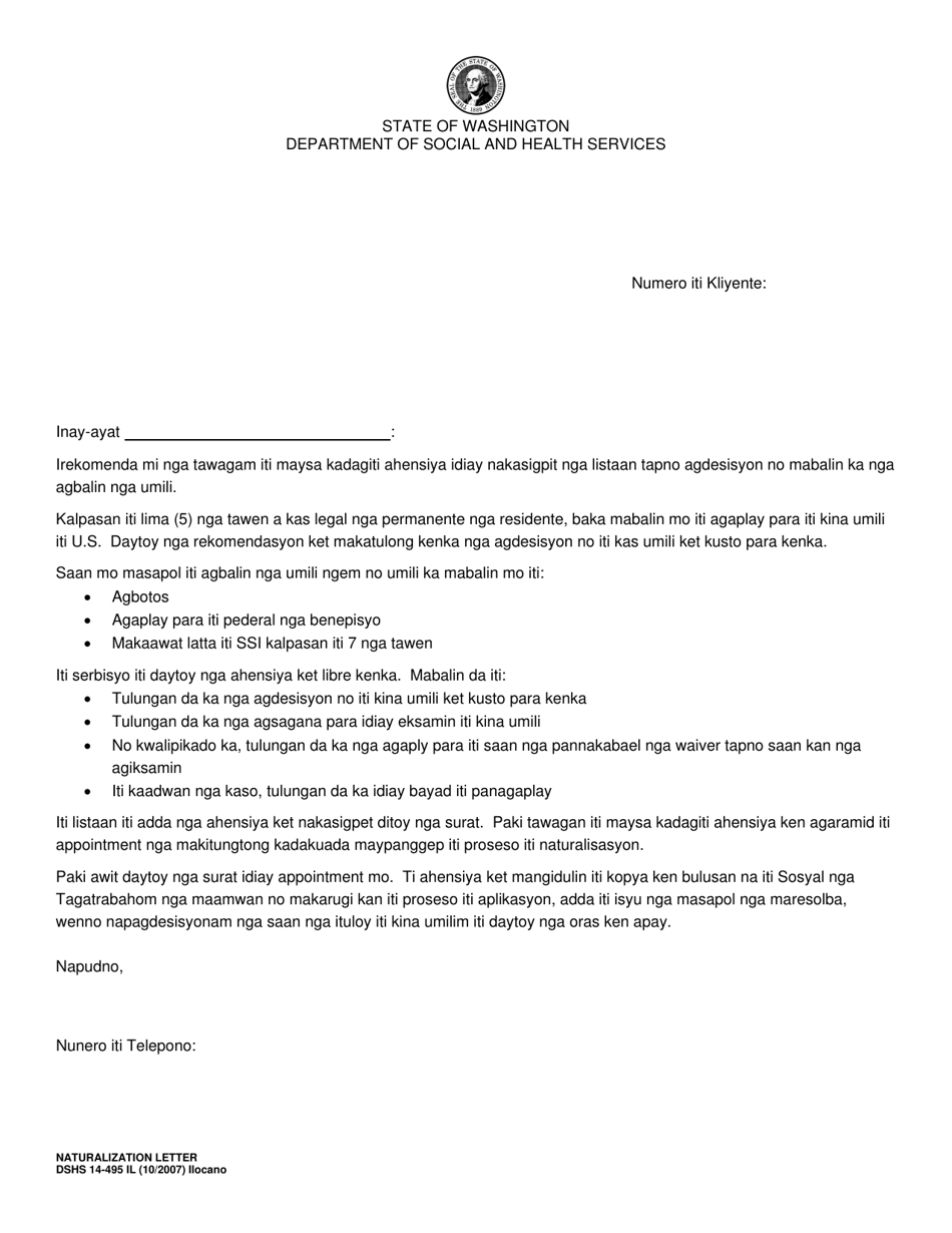 DSHS Form 14-495 Naturalization Letter - Washington (Ilocano), Page 1