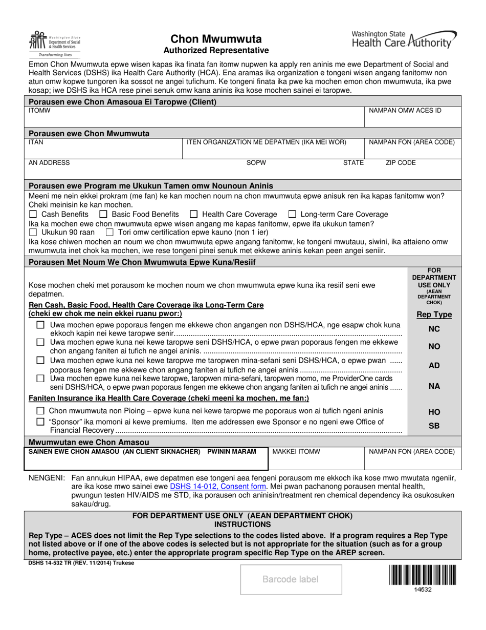 DSHS Form 14-532 Authorized Representative - Washington (Trukese), Page 1