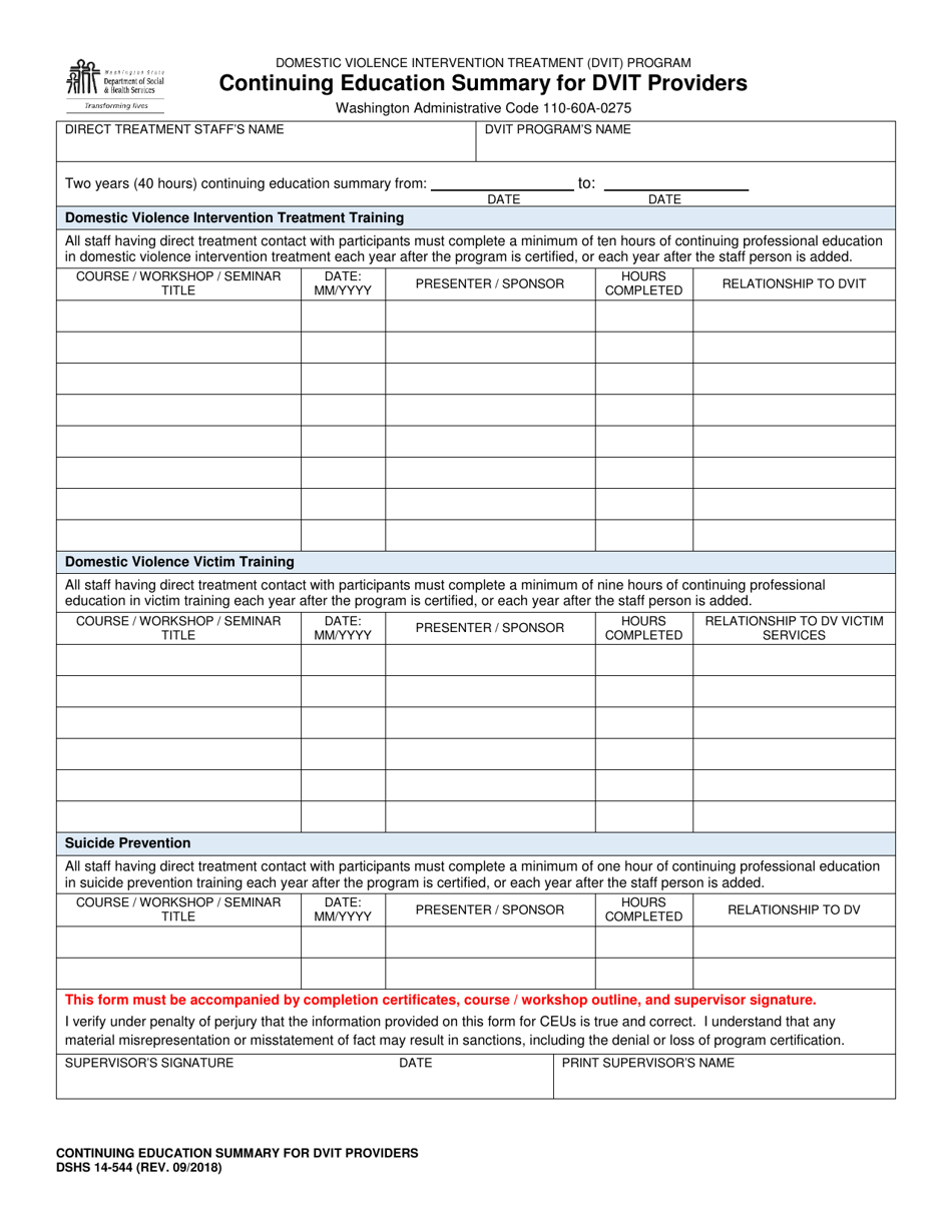 DSHS Form 14-544 Continuing Education Summary for Dvit Providers - Washington, Page 1