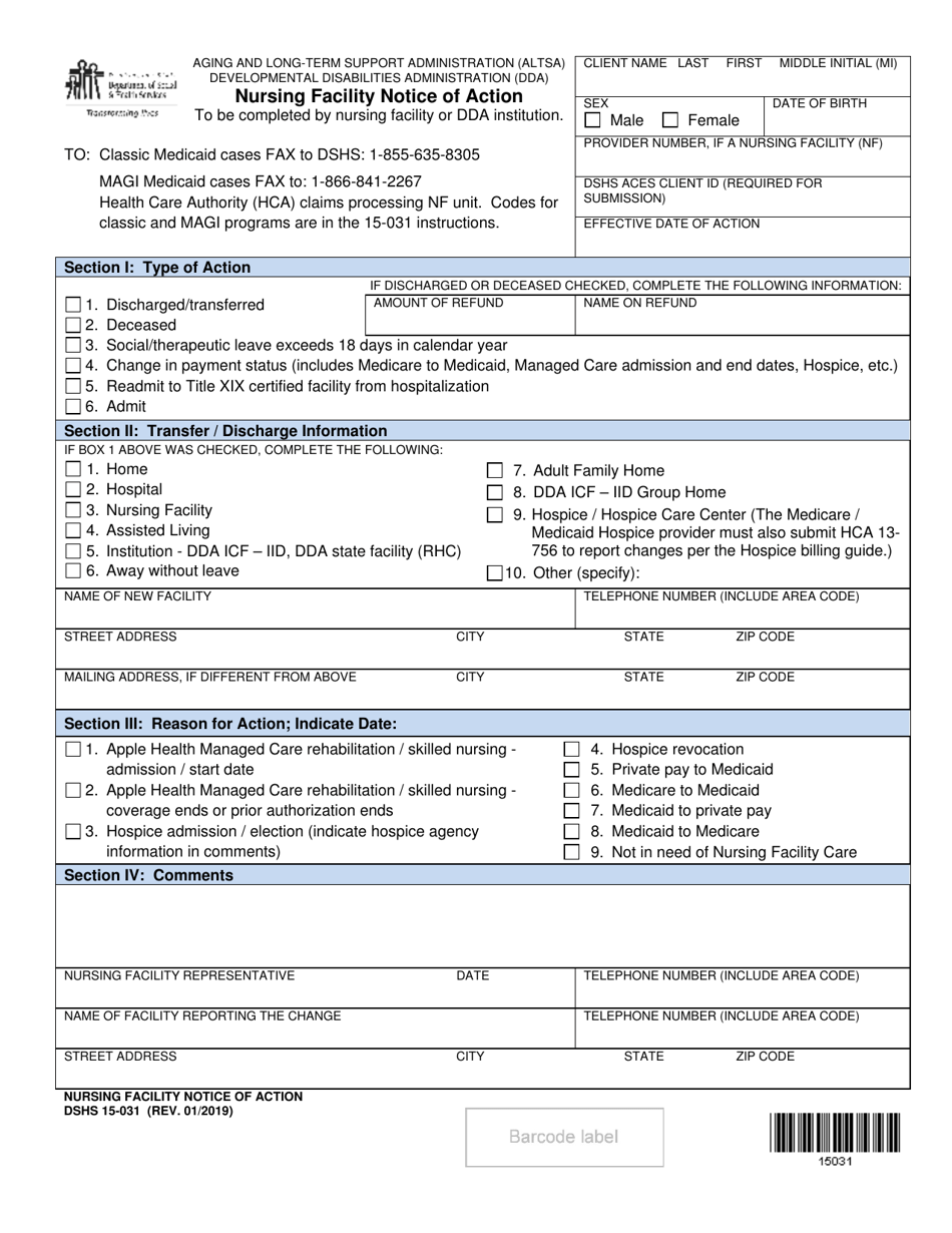 DSHS Form 15-031 Nursing Facility Notice of Action - Washington, Page 1