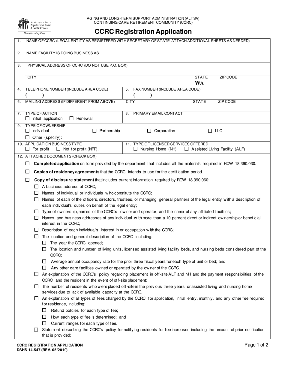 DSHS Form 14-547 Ccrc Registration Application - Washington, Page 1
