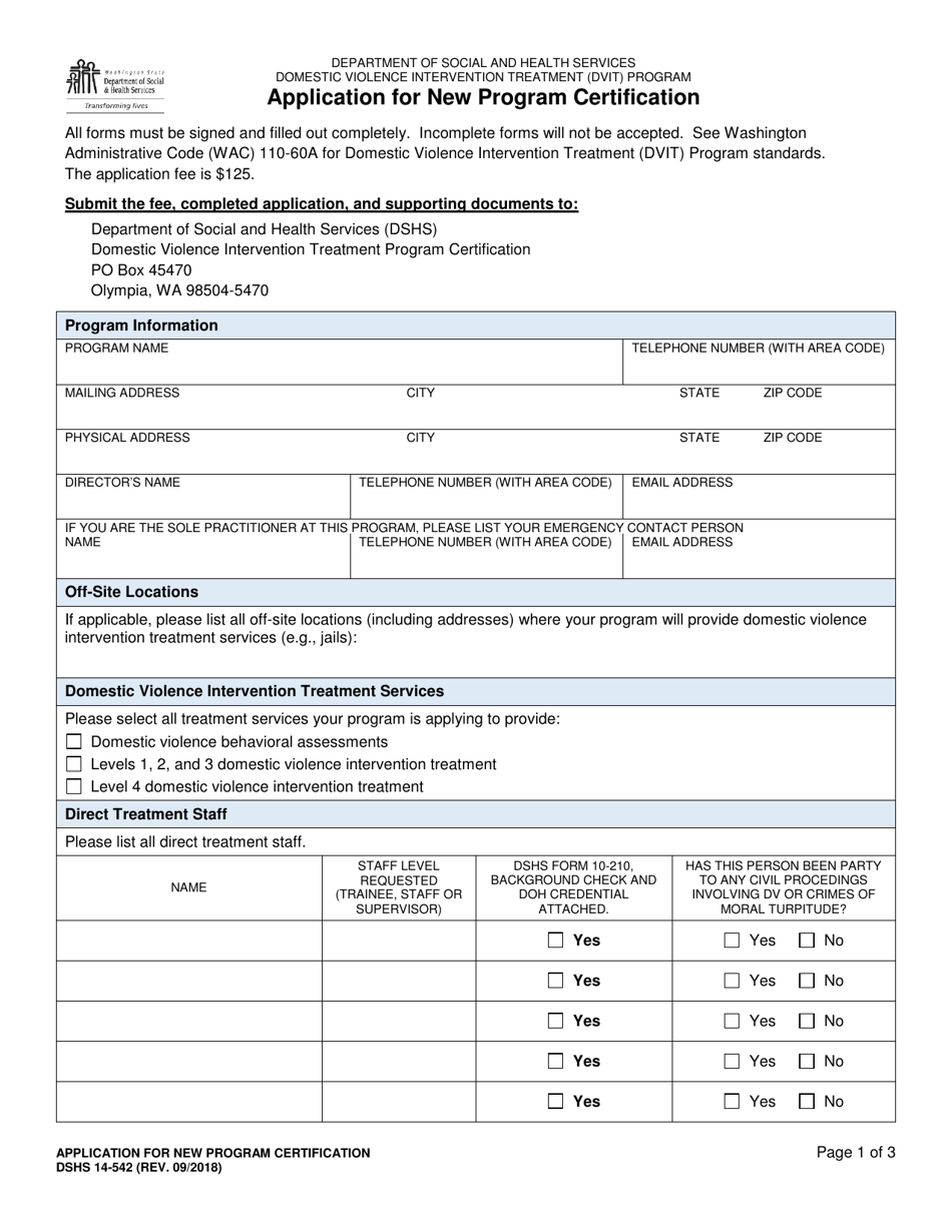 DSHS Form 14-542 Application for New Program Certification - Washington, Page 1