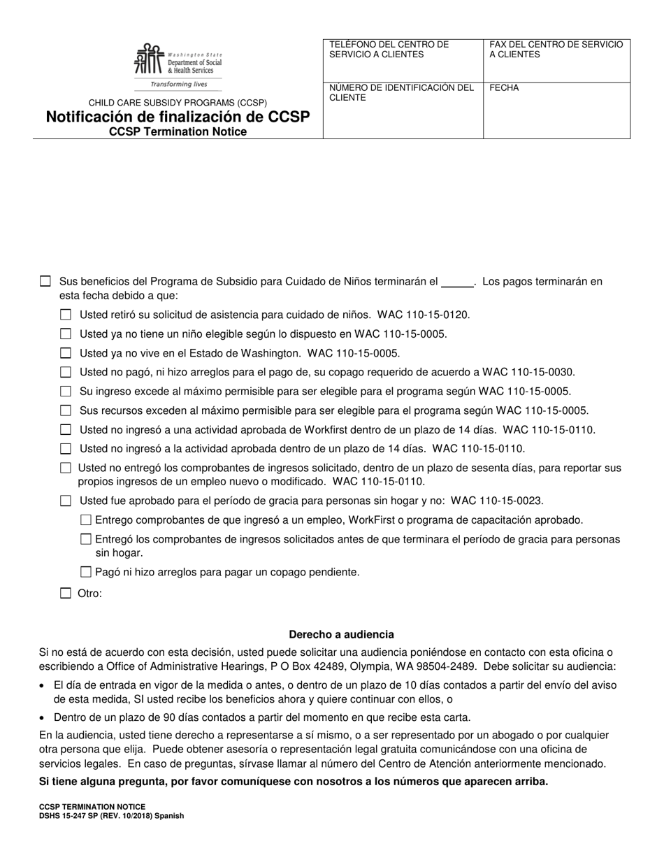 DSHS Formulario 15-247 Notificacion De Finalizacion De Ccsp - Washington (Spanish), Page 1