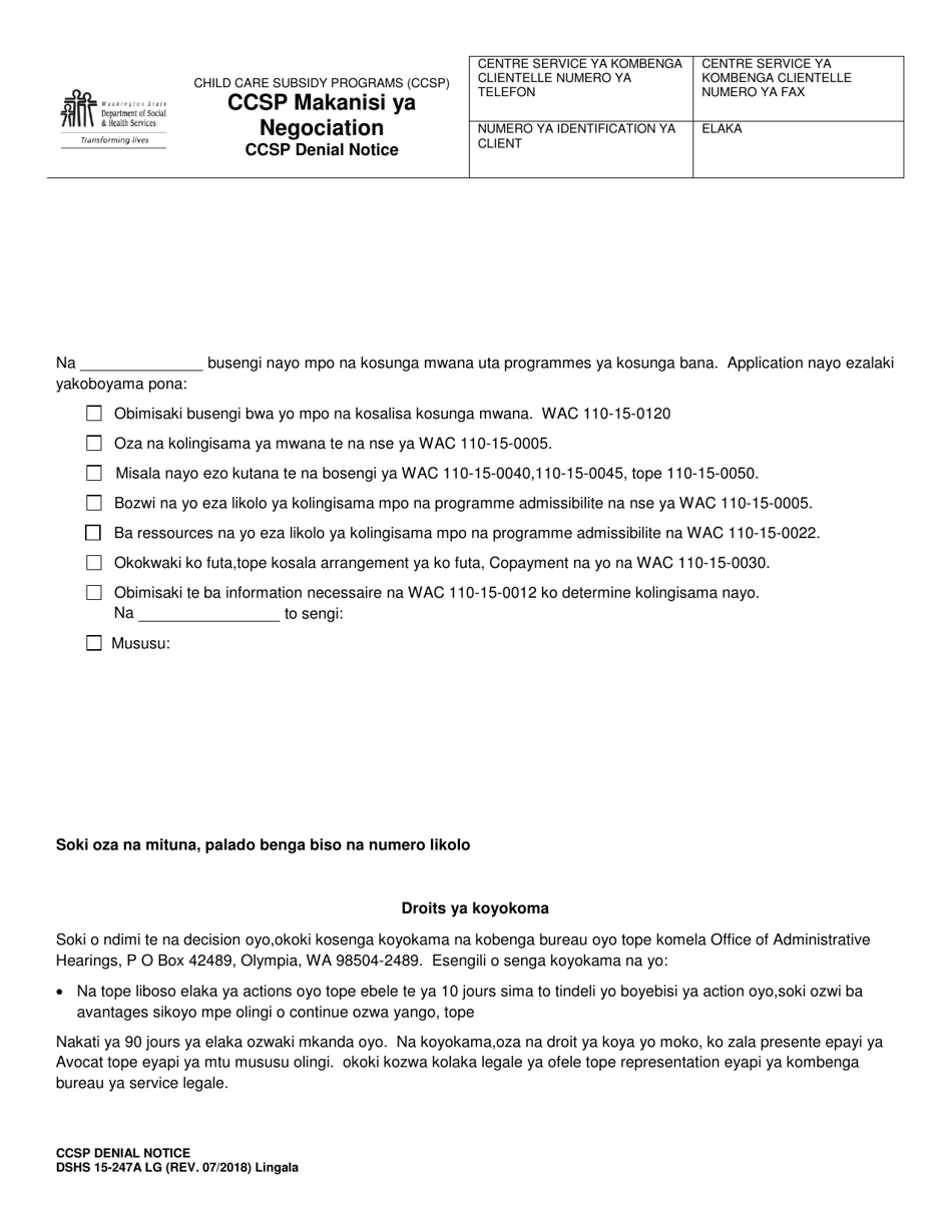 DSHS Form 15-247A Ccsp Denial Notice - Washington (Lingala), Page 1