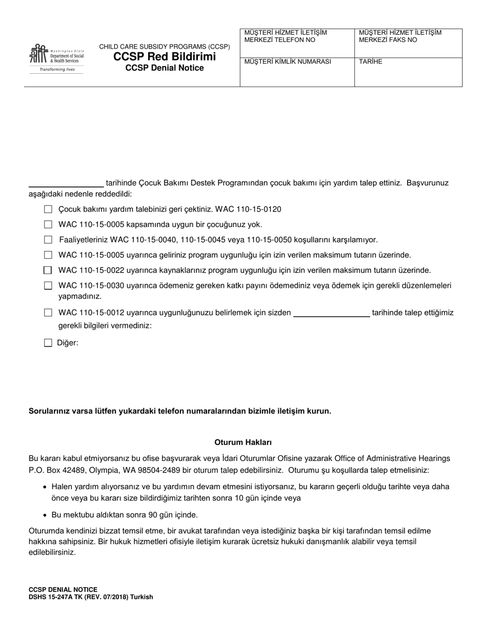 DSHS Form 15-247A Ccsp Denial Notice - Washington (Turkish), Page 1