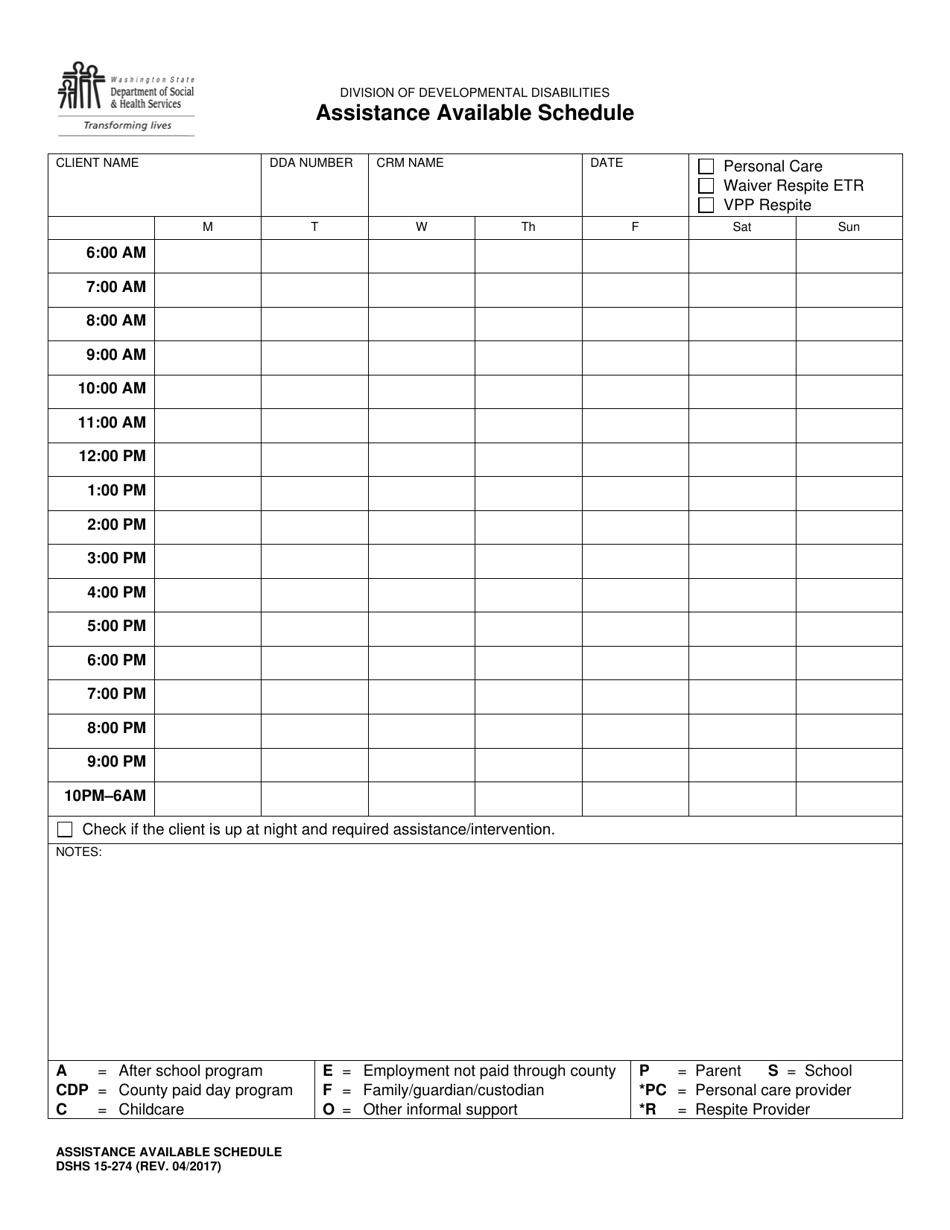 DSHS Form 15-274 Assistance Available Schedule - Washington, Page 1