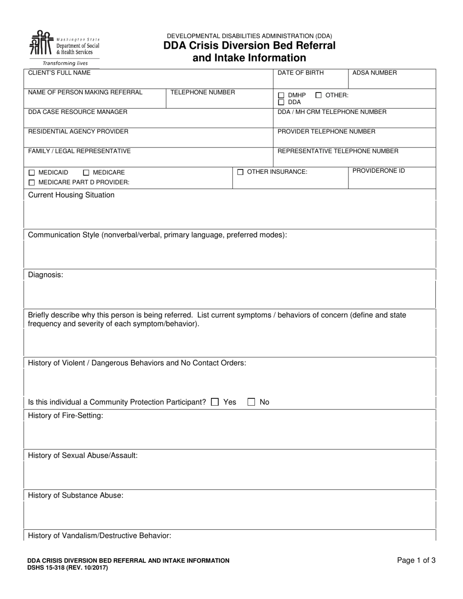 DSHS Form 15-318 Dda Crisis Diversion Bed Referral and Intake Information - Washington, Page 1