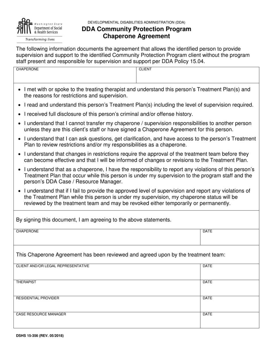 DSHS Form 15-356 Dda Community Protection Program Chaperone Agreement - Washington, Page 1
