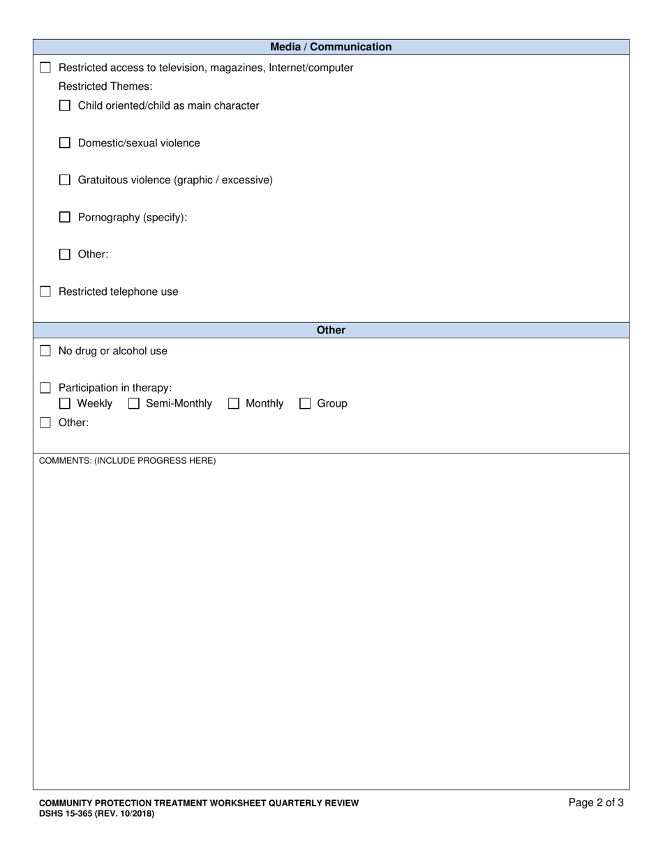 DSHS Form 15-365 Community Protection Treatment Worksheet Quarterly Review - Washington, Page 2