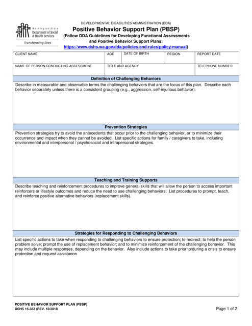DSHS Form 15-382 Positive Behavior Support Plan (Pbsp) - Washington