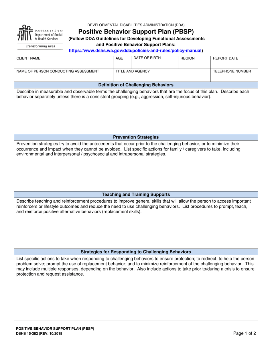 DSHS Form 15-382 Positive Behavior Support Plan (Pbsp) - Washington, Page 1