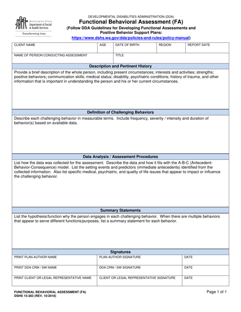 DSHS Form 15-383 Functional Behavioral Assessment (FA) - Washington