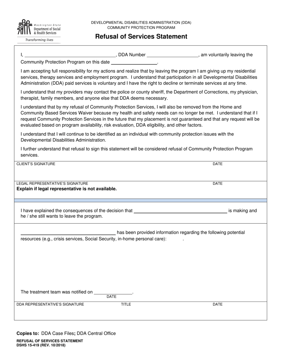 DSHS Form 15-419 Refusal of Services Statement - Washington, Page 1