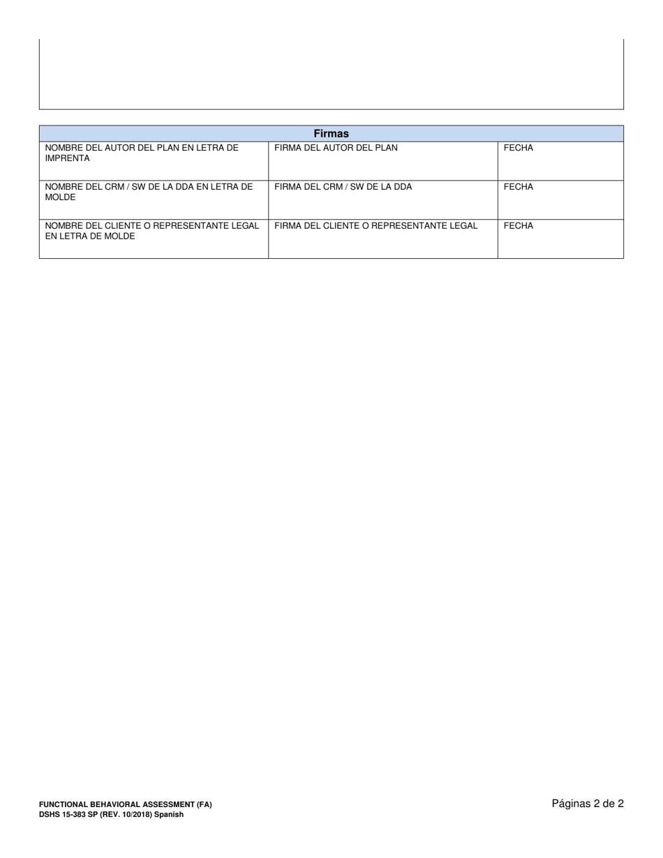 DSHS Formulario 15-383 Evaluacion De Conducta Funcional (FA) - Washington (Spanish), Page 2