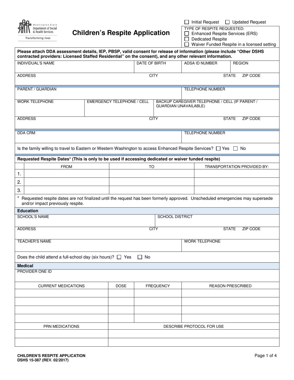 DSHS Form 15-387 Childrens Respite Application - Washington, Page 1