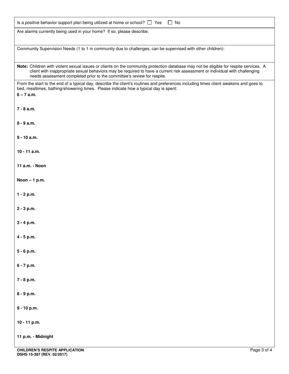 DSHS Form 15-387 Childrens Respite Application - Washington, Page 3
