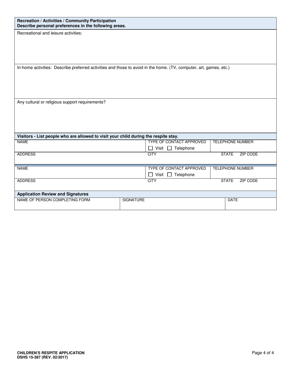 DSHS Form 15-387 Childrens Respite Application - Washington, Page 4