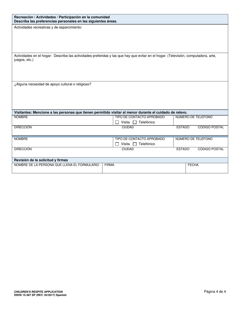 DSHS Formulario 15-387 Solicitud De Relevo Para Menores - Washington (Spanish), Page 4