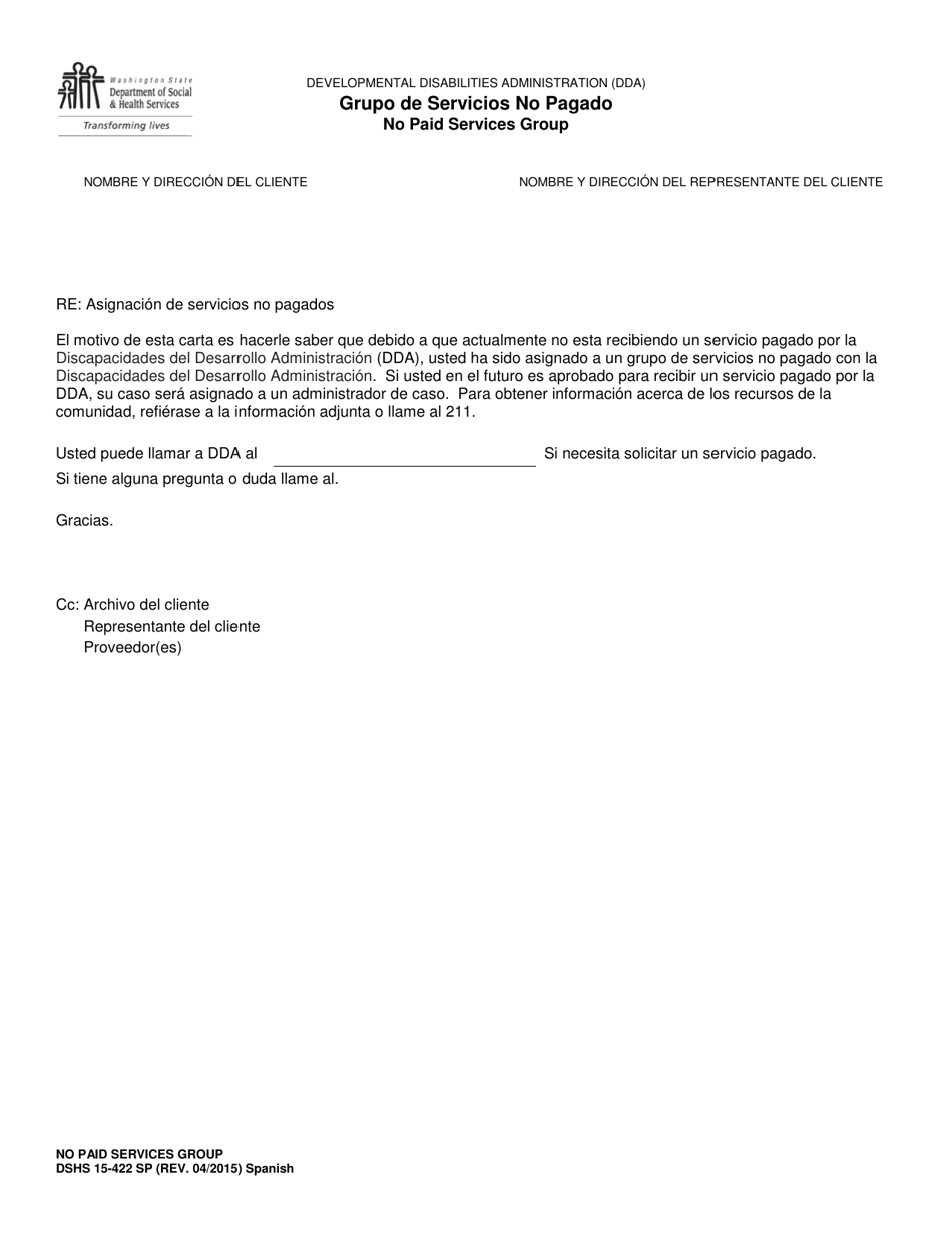 DSHS Formulario 15-422 Grupo De Servicios No Pagado - Washington (Spanish), Page 1