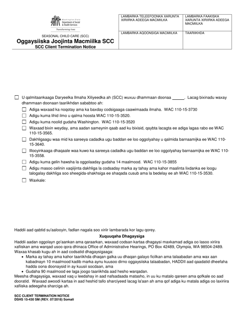 DSHS Form 15-430 Scc Client Termination Notice - Washington (Somali)