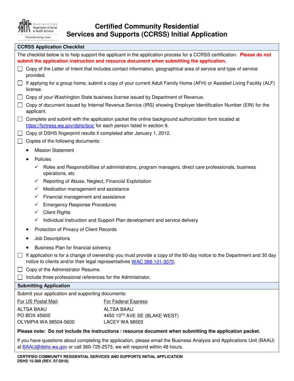 DSHS Form 15-389 Certified Community Residential Services and Supports Initial Application - Washington, Page 1