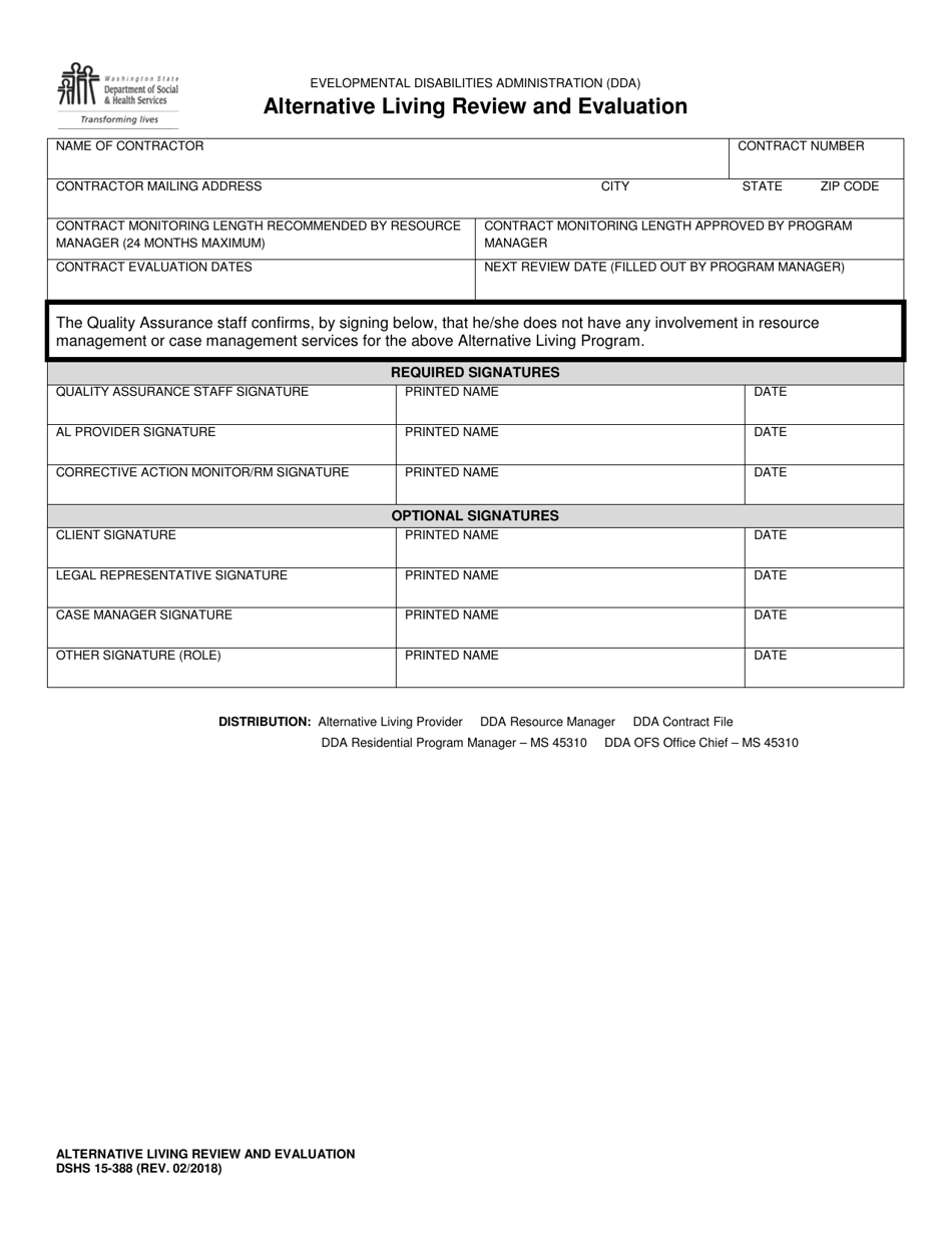 DSHS Form 15-388 Alternative Living Review and Evaluation - Washington, Page 1