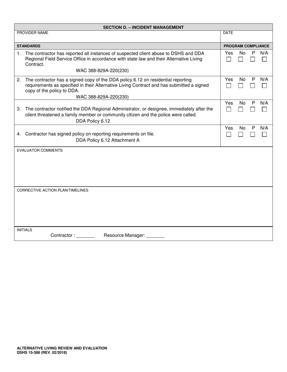 DSHS Form 15-388 Alternative Living Review and Evaluation - Washington, Page 7