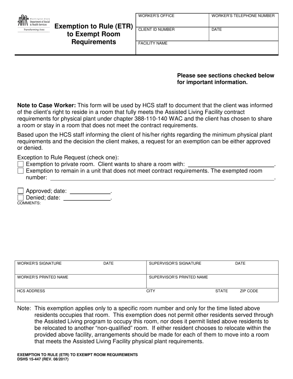 DSHS Form 15-447 Exemption to Rule (Etr) to Exempt Room Requirements - Washington, Page 1