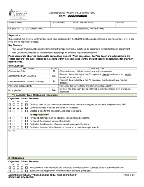 DSHS Form 15-441 Assisted Living Facility Skill Building Tool - Team Coordination - Washington