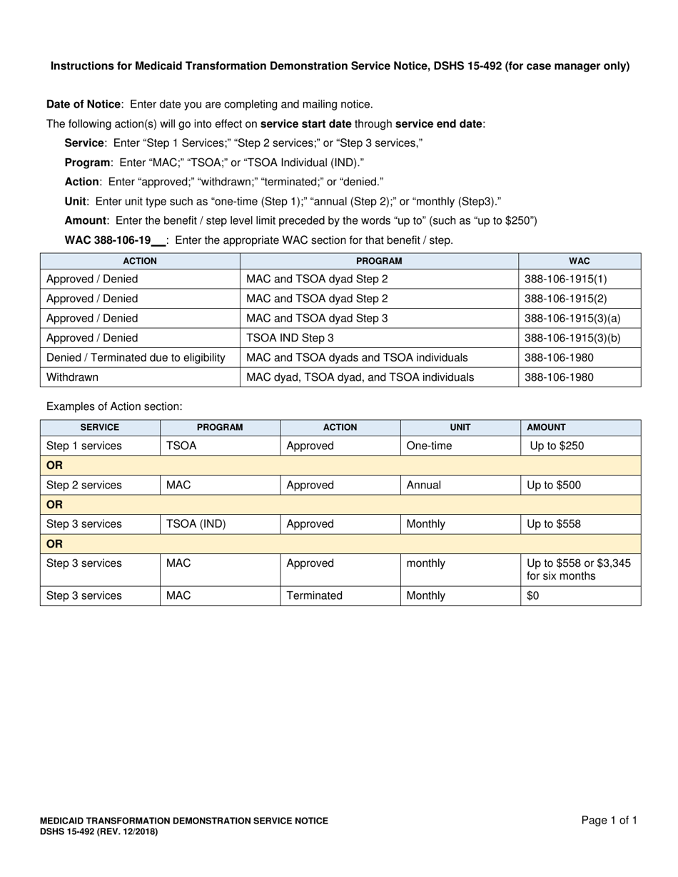 Instructions for DSHS Form 15-492 Medicaid Transformation Demonstration Service Notice - Washington, Page 1