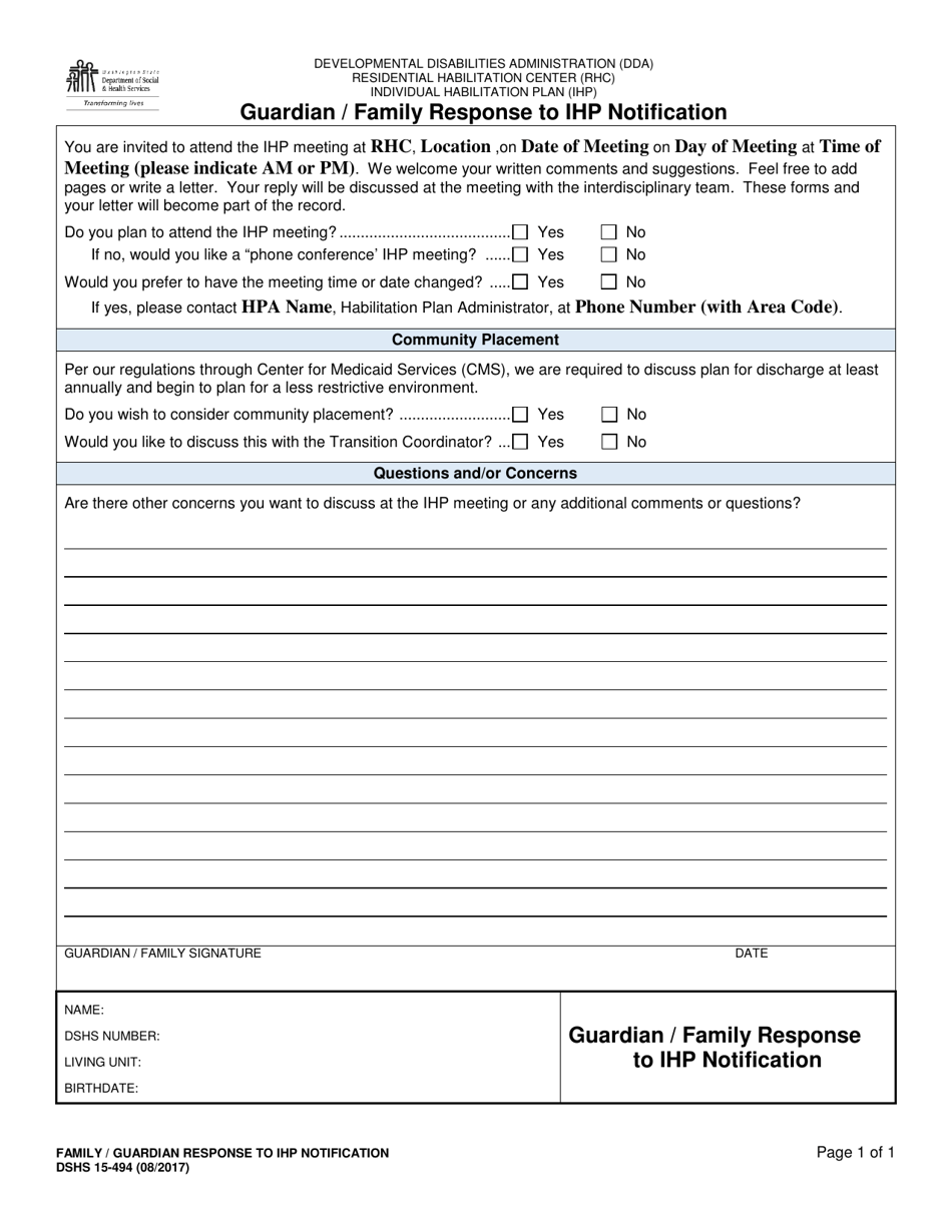 DSHS Form 15-494 Family / Guardian Response to Ihp Notification - Washington, Page 1