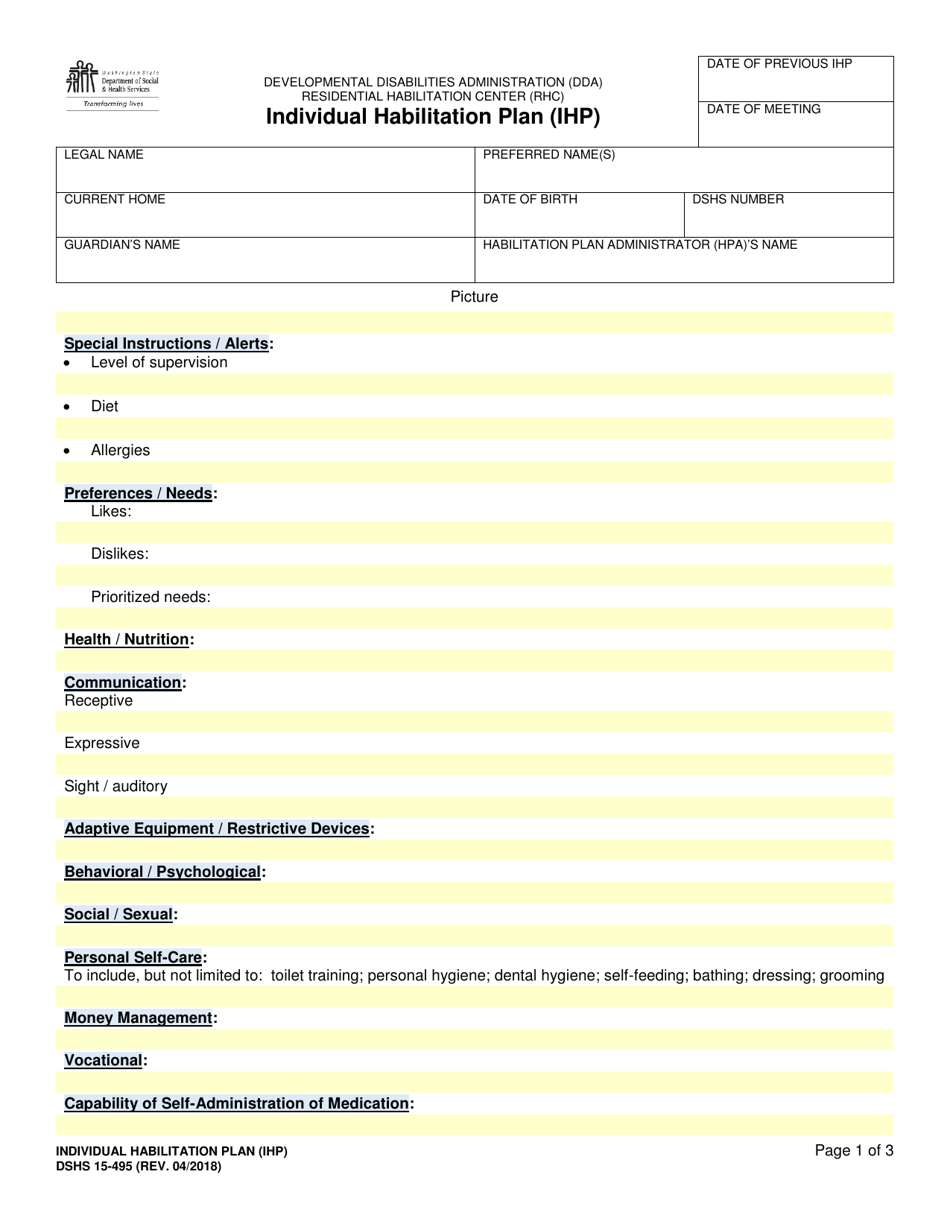 DSHS Form 15-495 Individual Habilitation Plan (Ihp) - Washington, Page 1