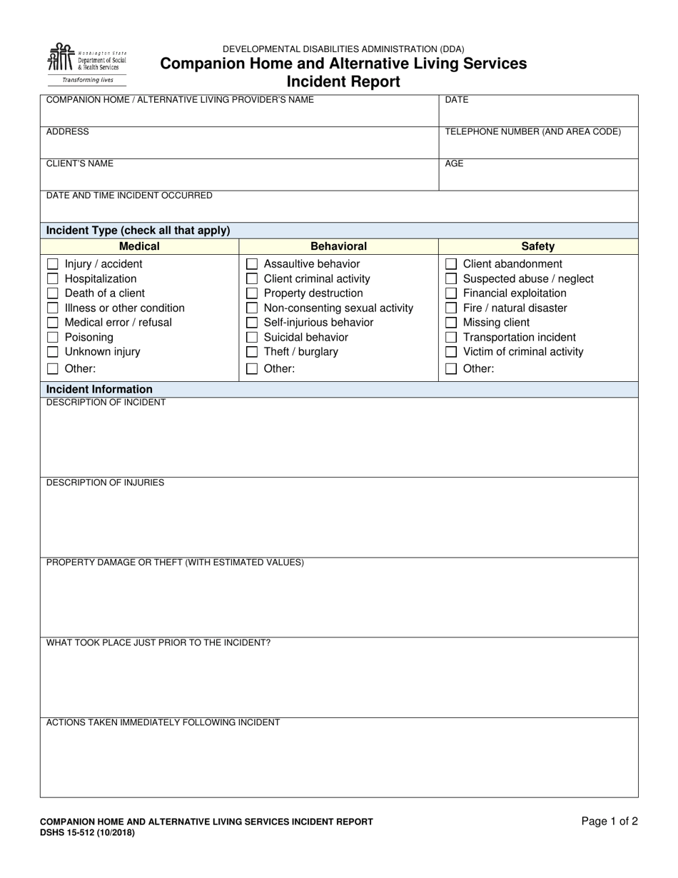 DSHS Form 15-512 Companion Home and Alternative Living Services Incident Report - Washington, Page 1