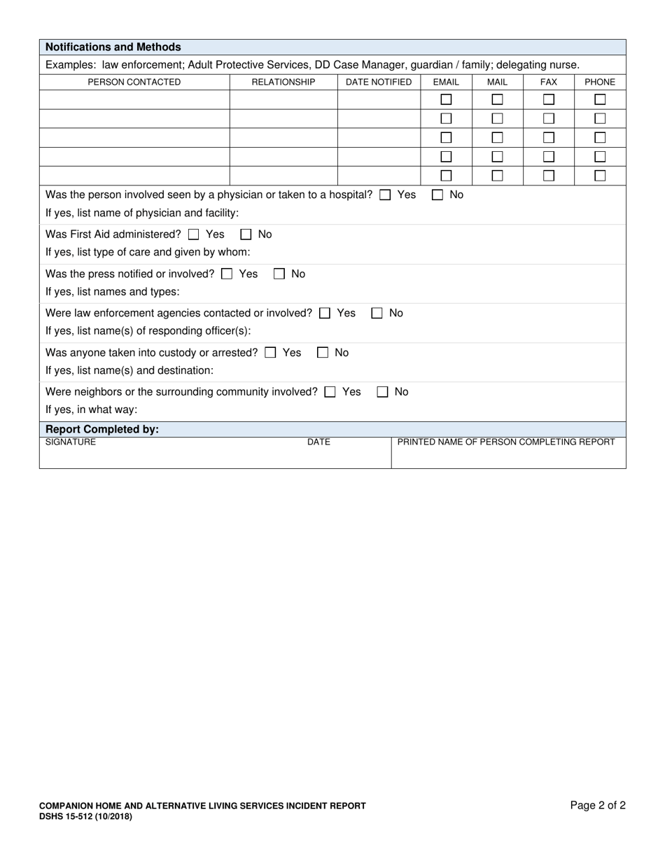 DSHS Form 15-512 Companion Home and Alternative Living Services Incident Report - Washington, Page 2