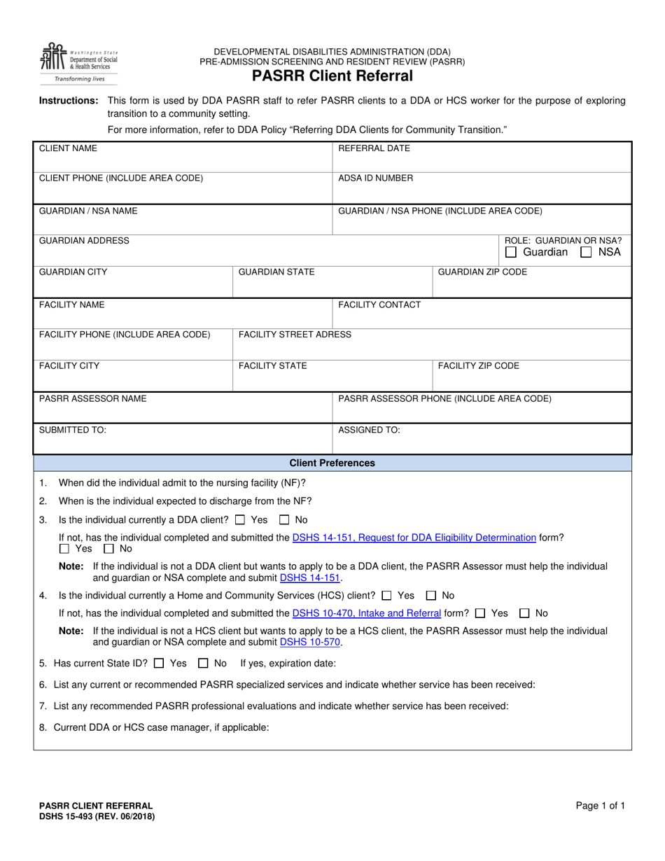 DSHS Form 15-493 Pasrr Client Referral - Washington, Page 1