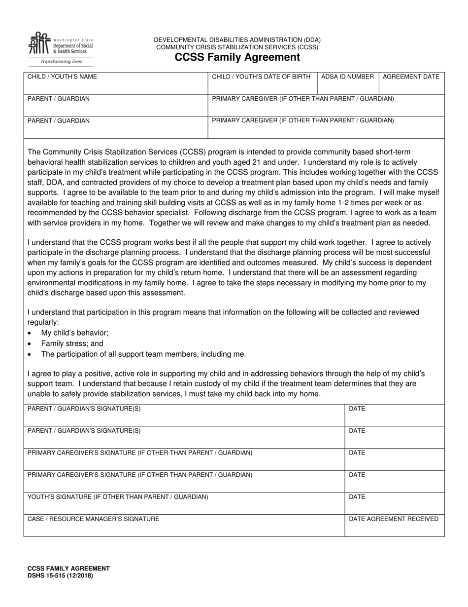 DSHS Form 15-515 Ccss Family Agreement - Washington, Page 1