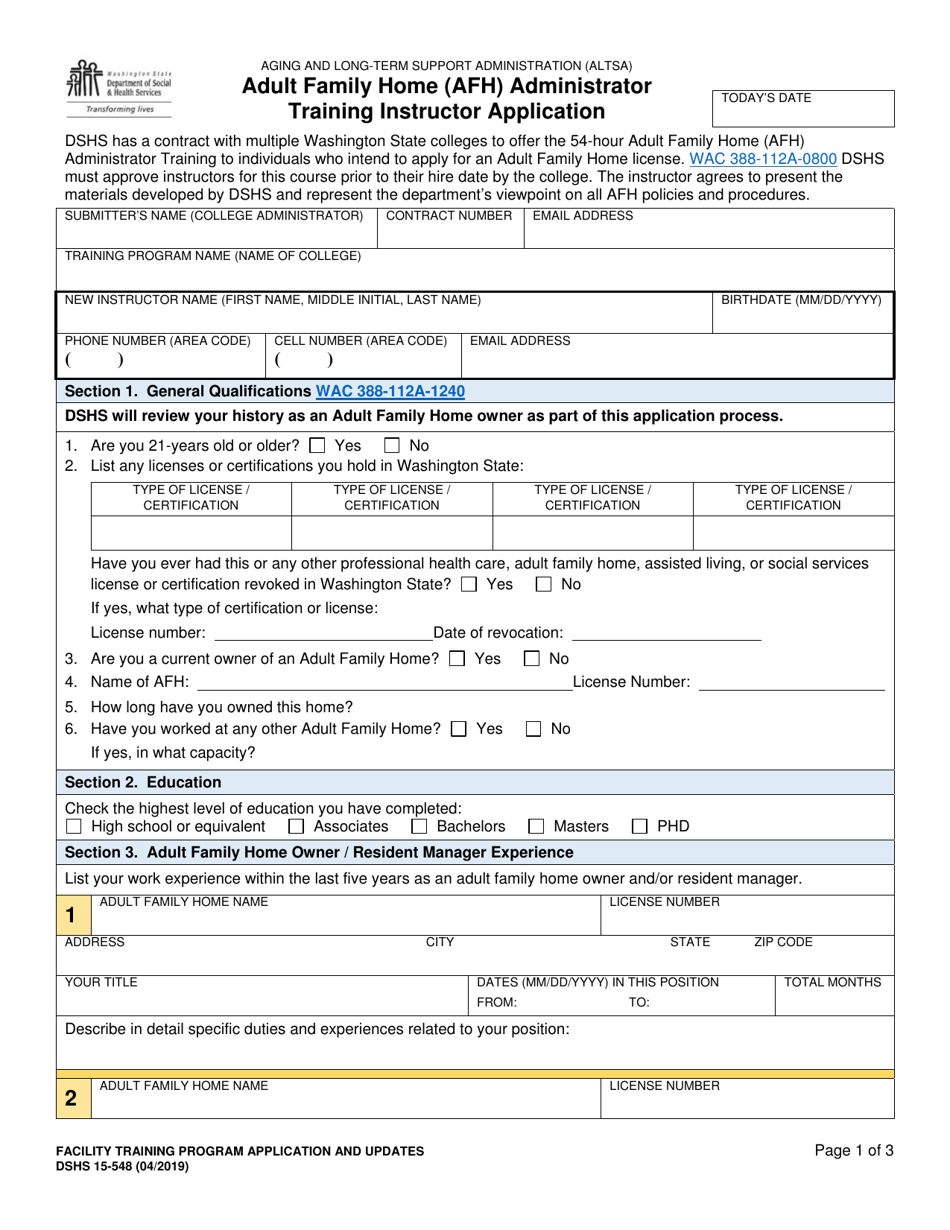 DSHS Form 15-548 Adult Family Home (Afh) Administratortraining Instructor Application - Washington, Page 1
