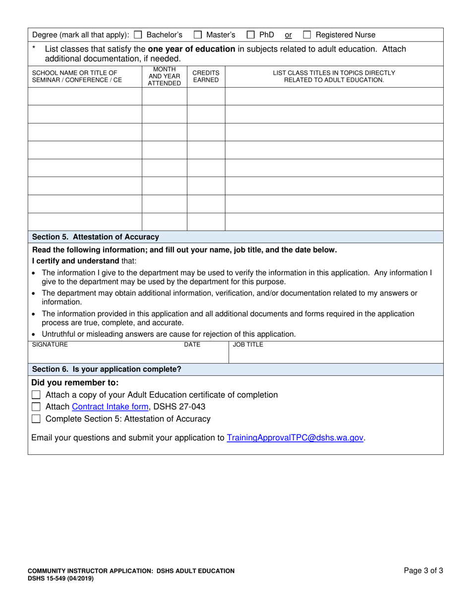 DSHS Form 15-549 Community Instructor Application - Dshs Adult Education - Washington, Page 3