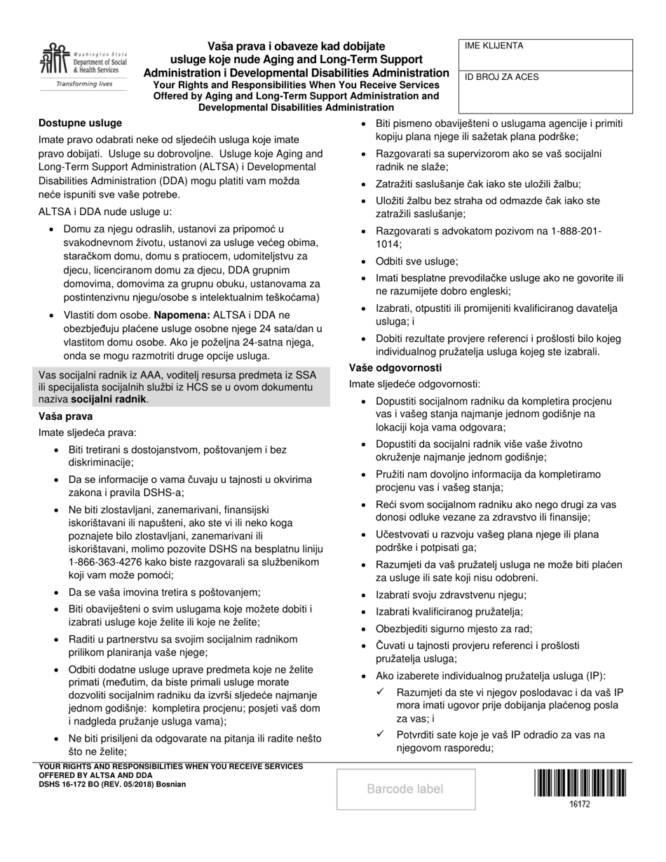 DSHS Form 16-172 Your Rights and Responsibilities When You Receive Services Offered by Aging and Long-Term Support Administration and Developmental Disabilities Administration - Washington (Bosnian), Page 1