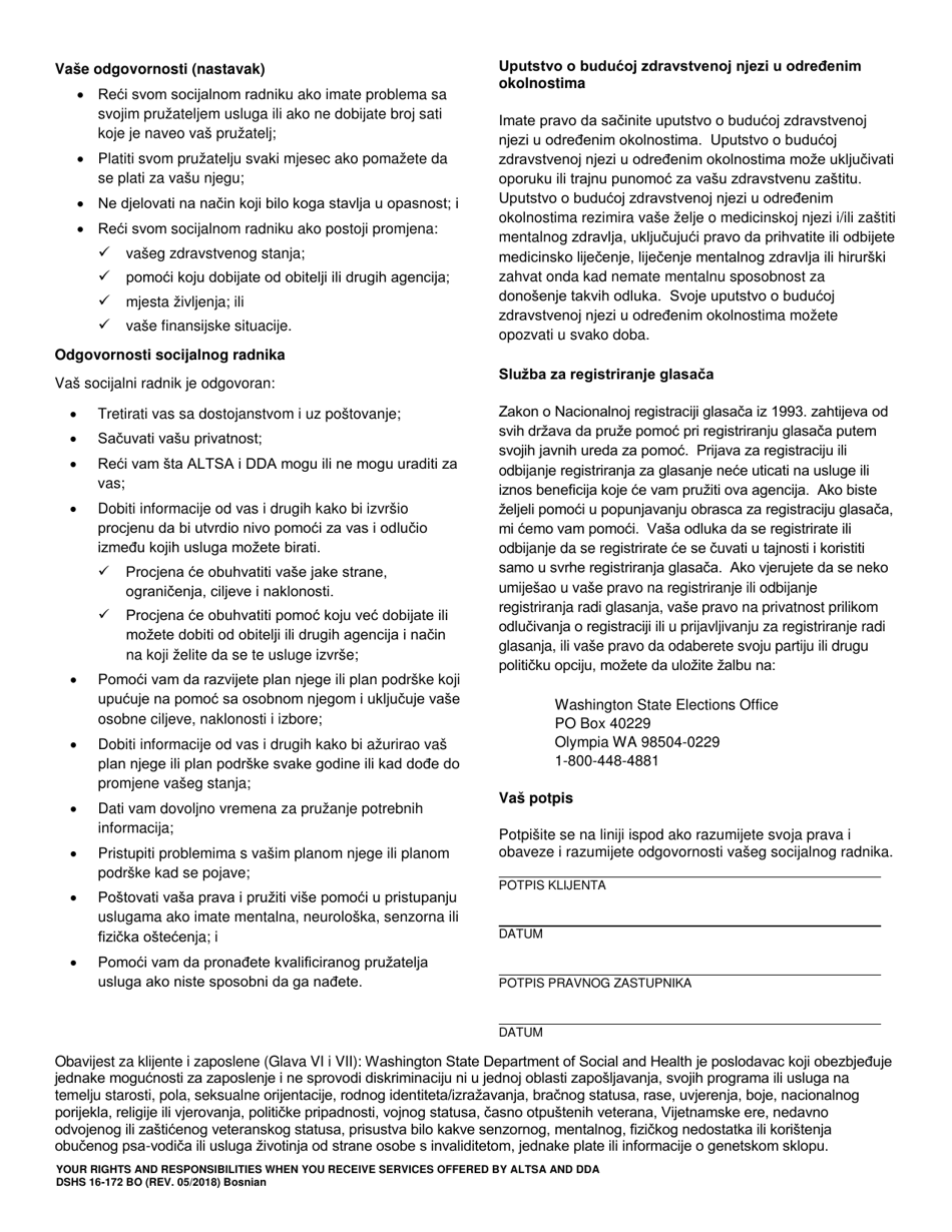 DSHS Form 16-172 Your Rights and Responsibilities When You Receive Services Offered by Aging and Long-Term Support Administration and Developmental Disabilities Administration - Washington (Bosnian), Page 2