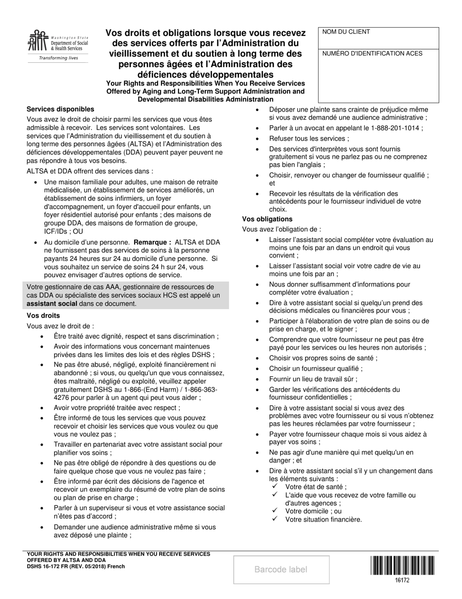DSHS Form 16-172 Your Rights and Responsibilities When You Receive Services Offered by Aging and Long-Term Support Administration and Developmental Disabilities Administration - Washington (French), Page 1